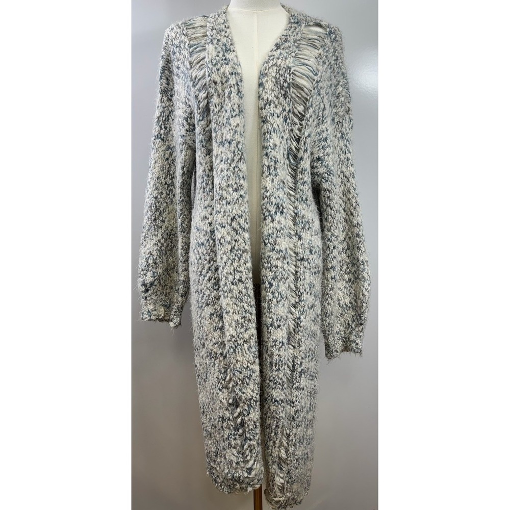POL Clothing Womens L Marled Chunky Knit Duster Cardigan Distressed Ladder Back